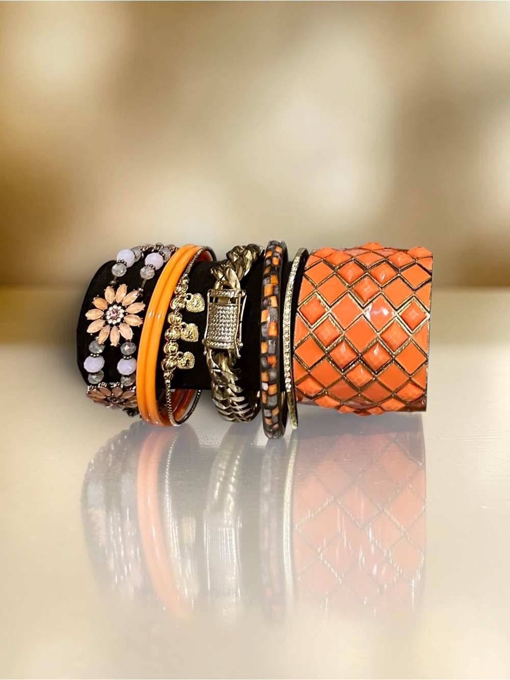 Signature Faith Orange Gold Bracelet Stack Boho Mixed Media Beaded Bangle Set